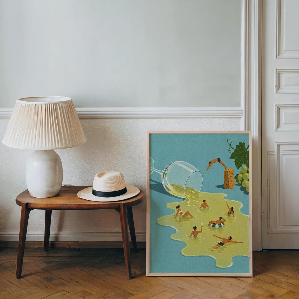 Wine Swimming Pool Wall Art, Funny Cocktail Poster, Vintage Tiny Swimmers in Giant Wine Glass, Quirky Kitchen Decor, Summer Diving Print