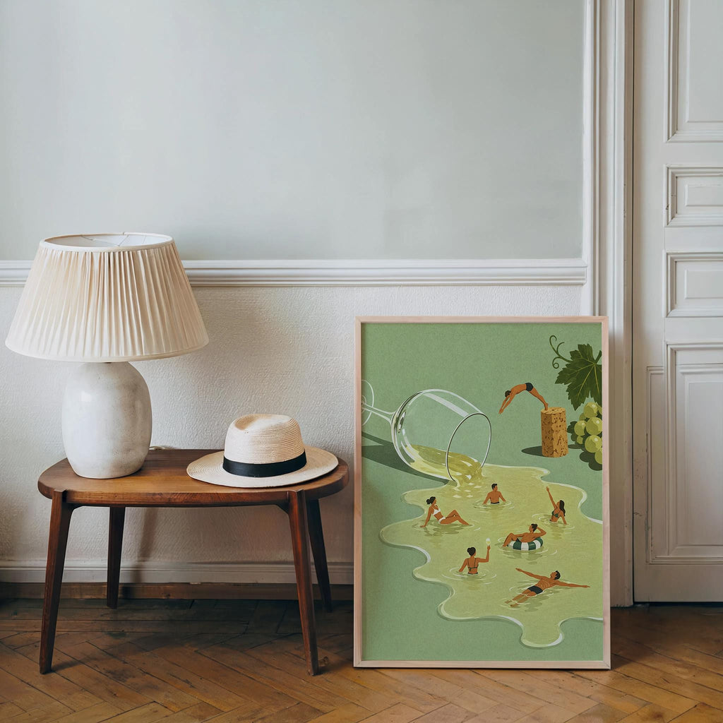 Wine Swimming Pool Wall Art, Funny Cocktail Poster, Vintage Tiny Swimmers in Giant Wine Glass, Quirky Kitchen Decor, Summer Diving Print