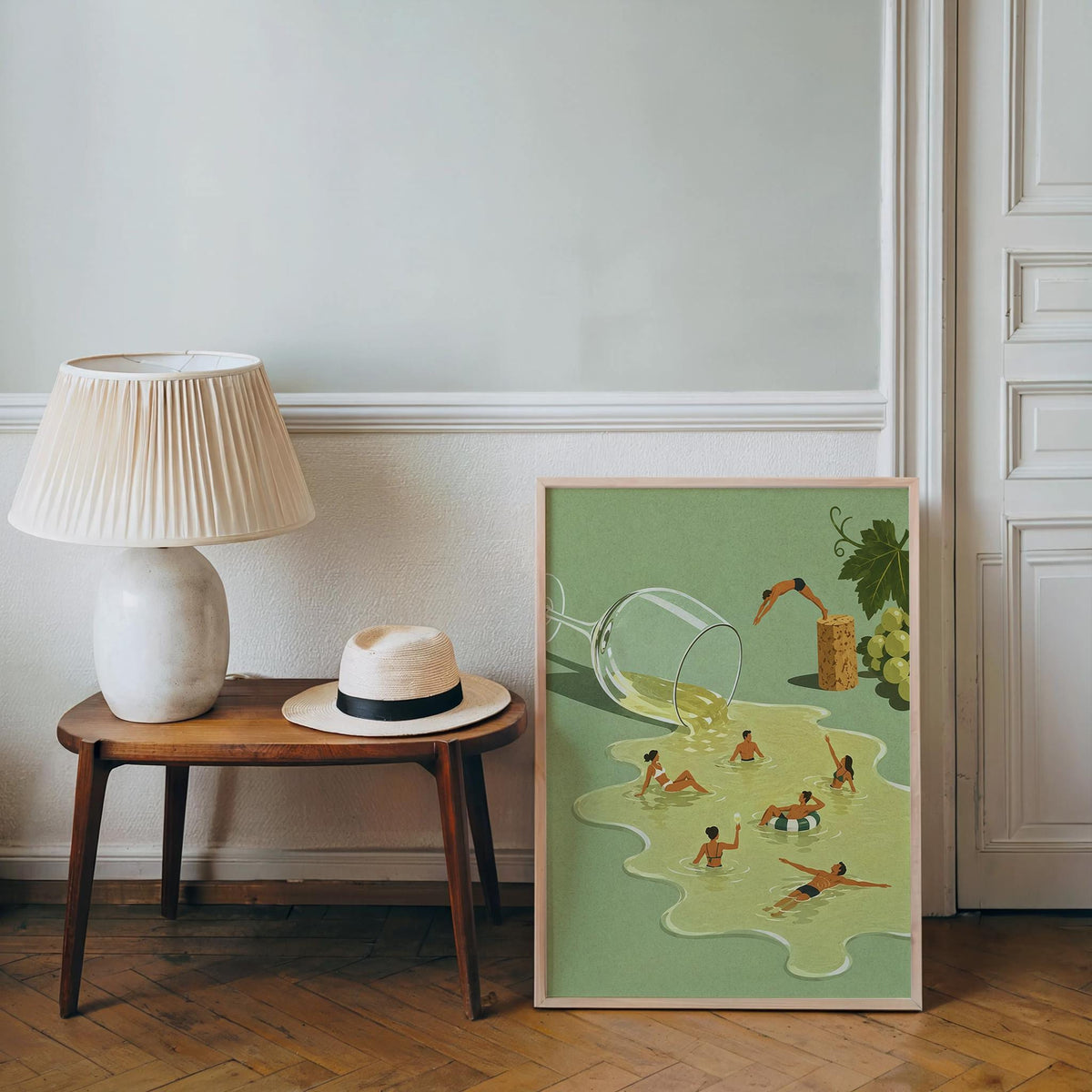 Wine Swimming Pool Wall Art, Funny Cocktail Poster, Vintage Tiny Swimmers in Giant Wine Glass, Quirky Kitchen Decor, Summer Diving Print