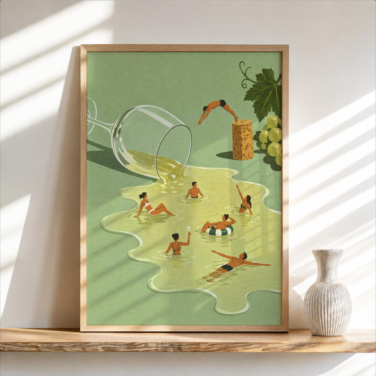 Wine Swimming Pool Wall Art, Funny Cocktail Poster, Vintage Tiny Swimmers in Giant Wine Glass, Quirky Kitchen Decor, Summer Diving Print