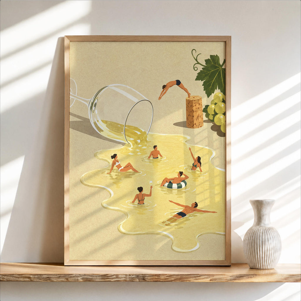 Wine Swimming Pool Wall Art, Funny Cocktail Poster, Vintage Tiny Swimmers in Giant Wine Glass, Quirky Kitchen Decor, Summer Diving Print