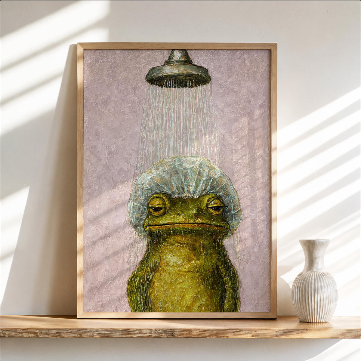 Funny Shower Frog Wall Art, Vintage Bathroom Poster, Grumpy Frog Illustration, Retro Animal Decor, Quirky Restroom Print, Kids Decor