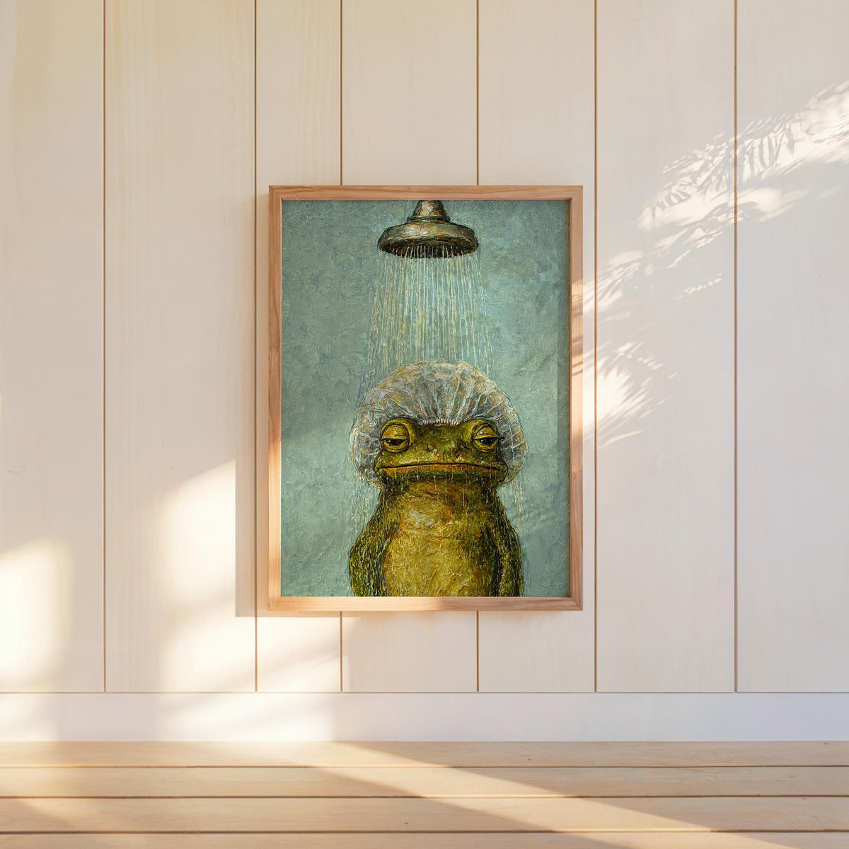 Funny Shower Frog Wall Art, Vintage Bathroom Poster, Grumpy Frog Illustration, Retro Animal Decor, Quirky Restroom Print, Kids Decor