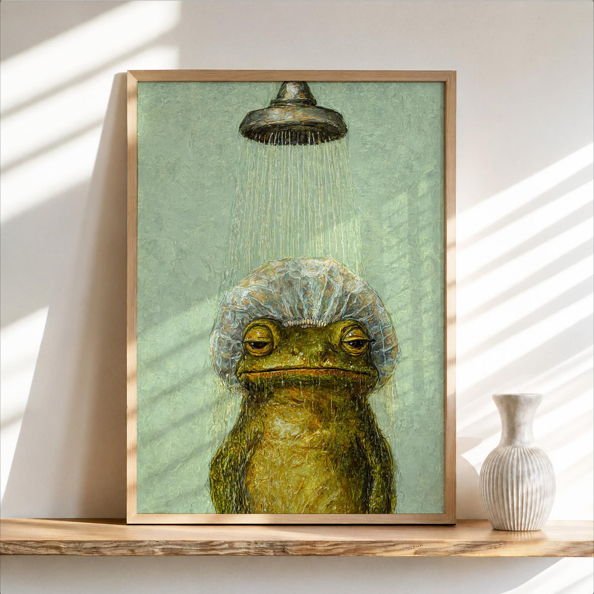 Funny Shower Frog Wall Art, Vintage Bathroom Poster, Grumpy Frog Illustration, Retro Animal Decor, Quirky Restroom Print, Kids Decor