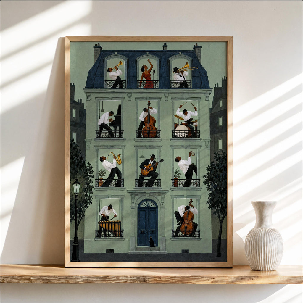 Jazz Apartment Window Poster, Black Musicians in Parisian House Wall Art, French Building Print, Retro Afrocentric Music Decor
