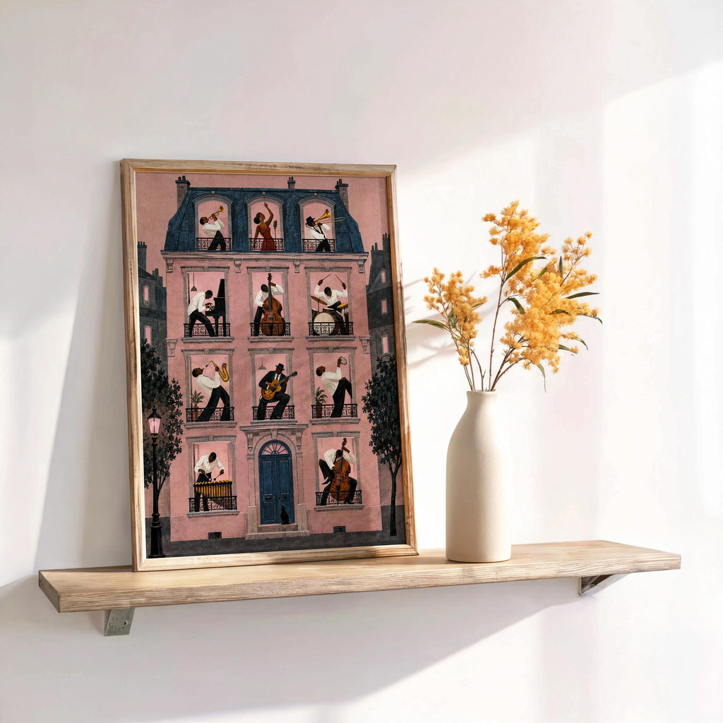Jazz Apartment Window Poster, Black Musicians in Parisian House Wall Art, French Building Print, Retro Afrocentric Music Decor