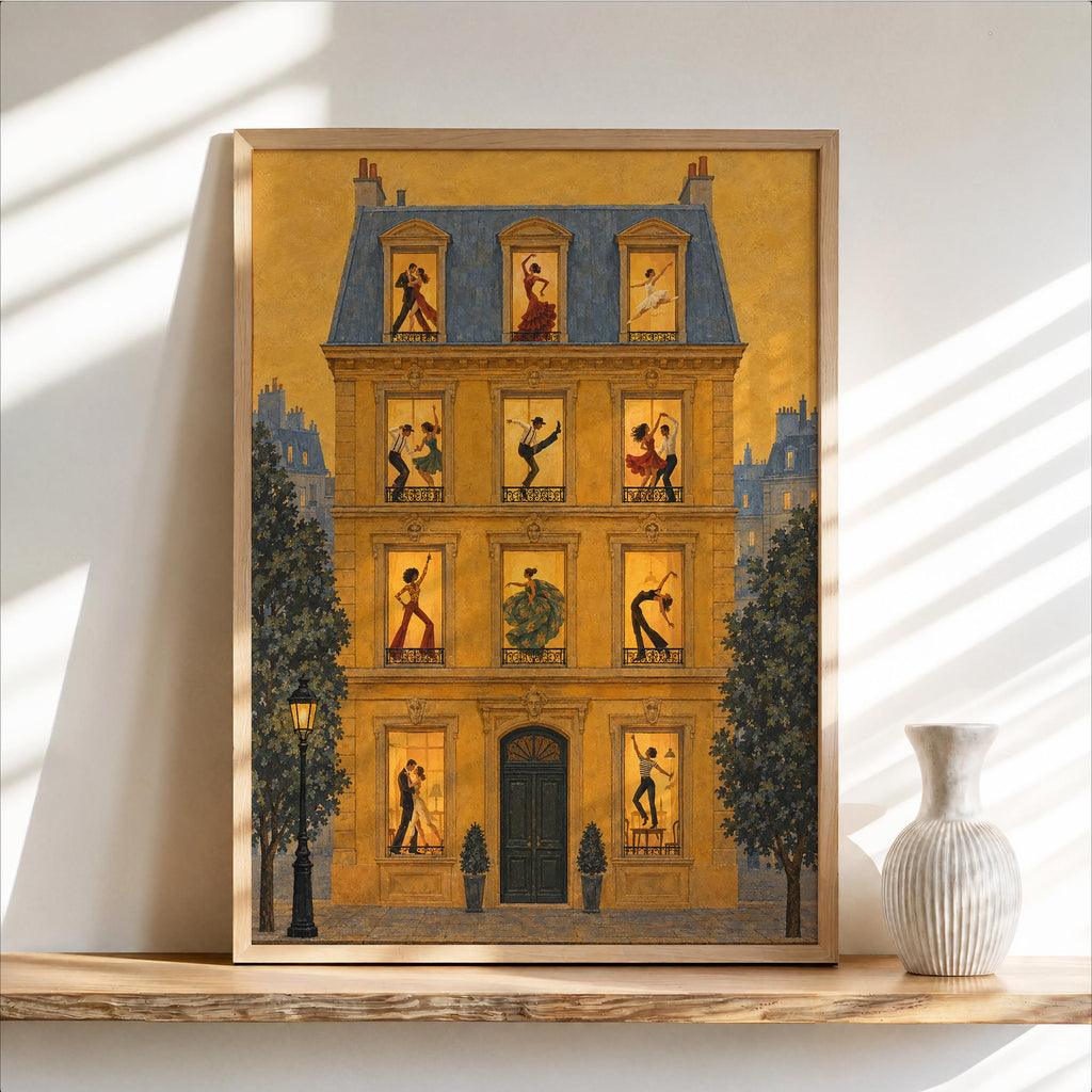 Dance House Poster, Vintage Dancing Wall Art, French Apartment Illustration, Ballroom & Ballet Decor, Retro European Street Scene Print
