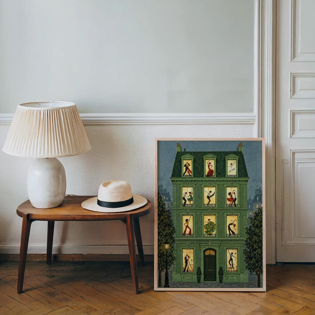 Dance House Poster, Vintage Dancing Wall Art, French Apartment Illustration, Ballroom & Ballet Decor, Retro European Street Scene Print