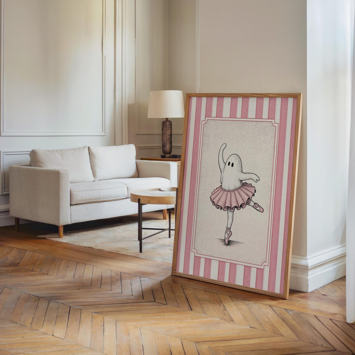 Ballerina ghost poster leaning in a light-filled living room, vintage style ballet print with hardwood floor
