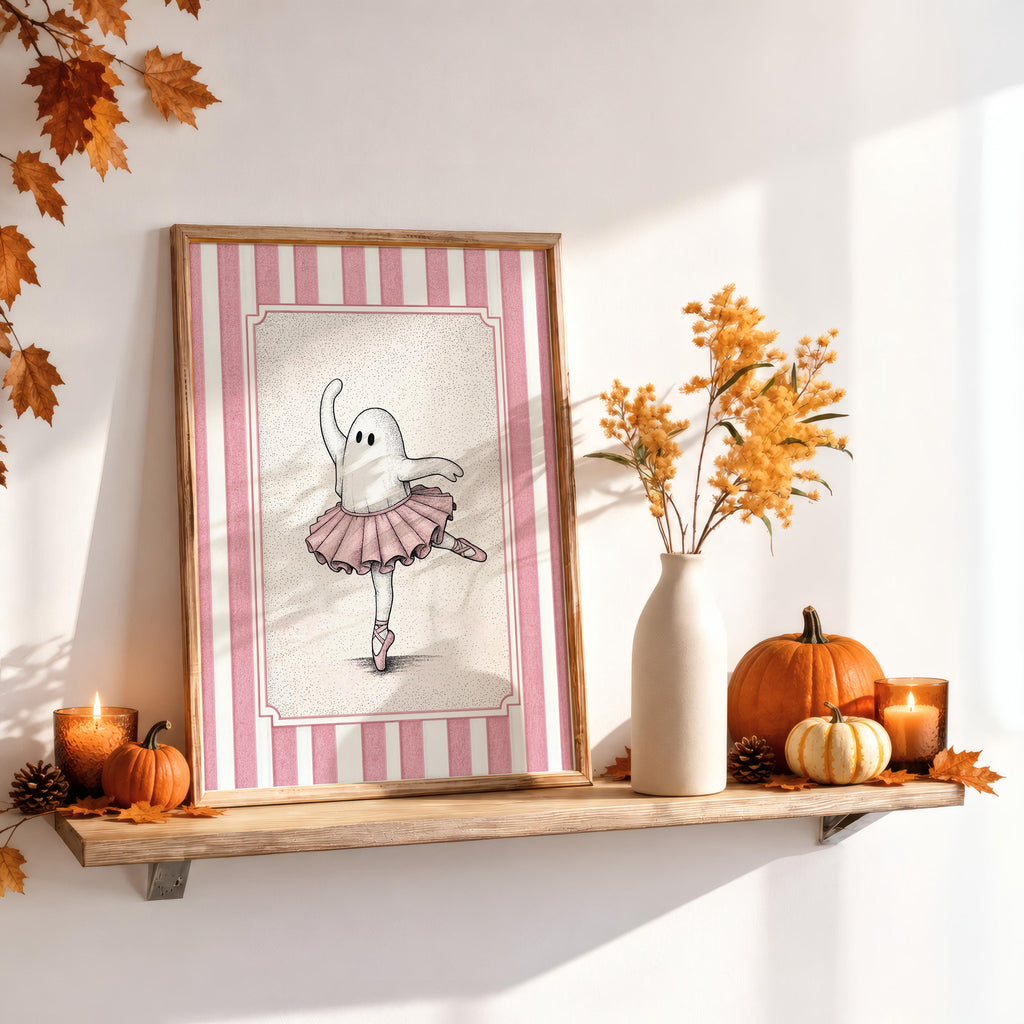 Ballerina ghost poster styled on mantel with pumpkins and vase, ghost ballet wall art in autumn tones