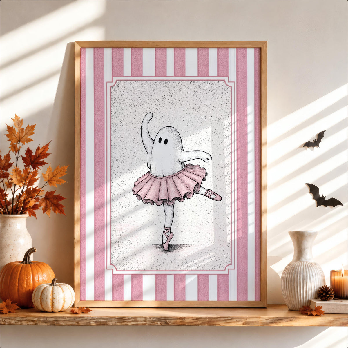 Ballerina ghost poster on a seasonal mantel with pumpkins and autumn leaves, whimsical Halloween wall art