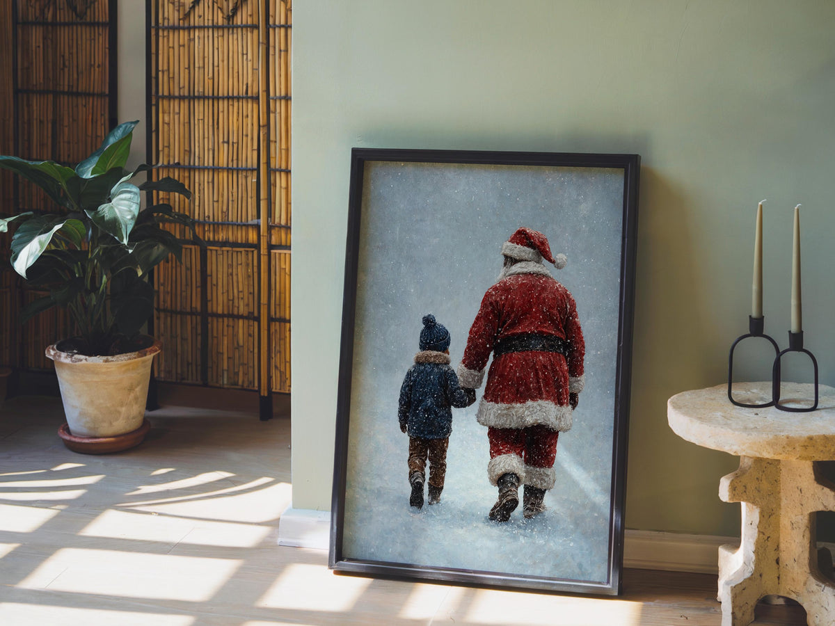 Black Santa & Boy Print, African American Christmas Illustration, Father Son Holiday Art, Afrocentric Winter Decor, Xmas Painting