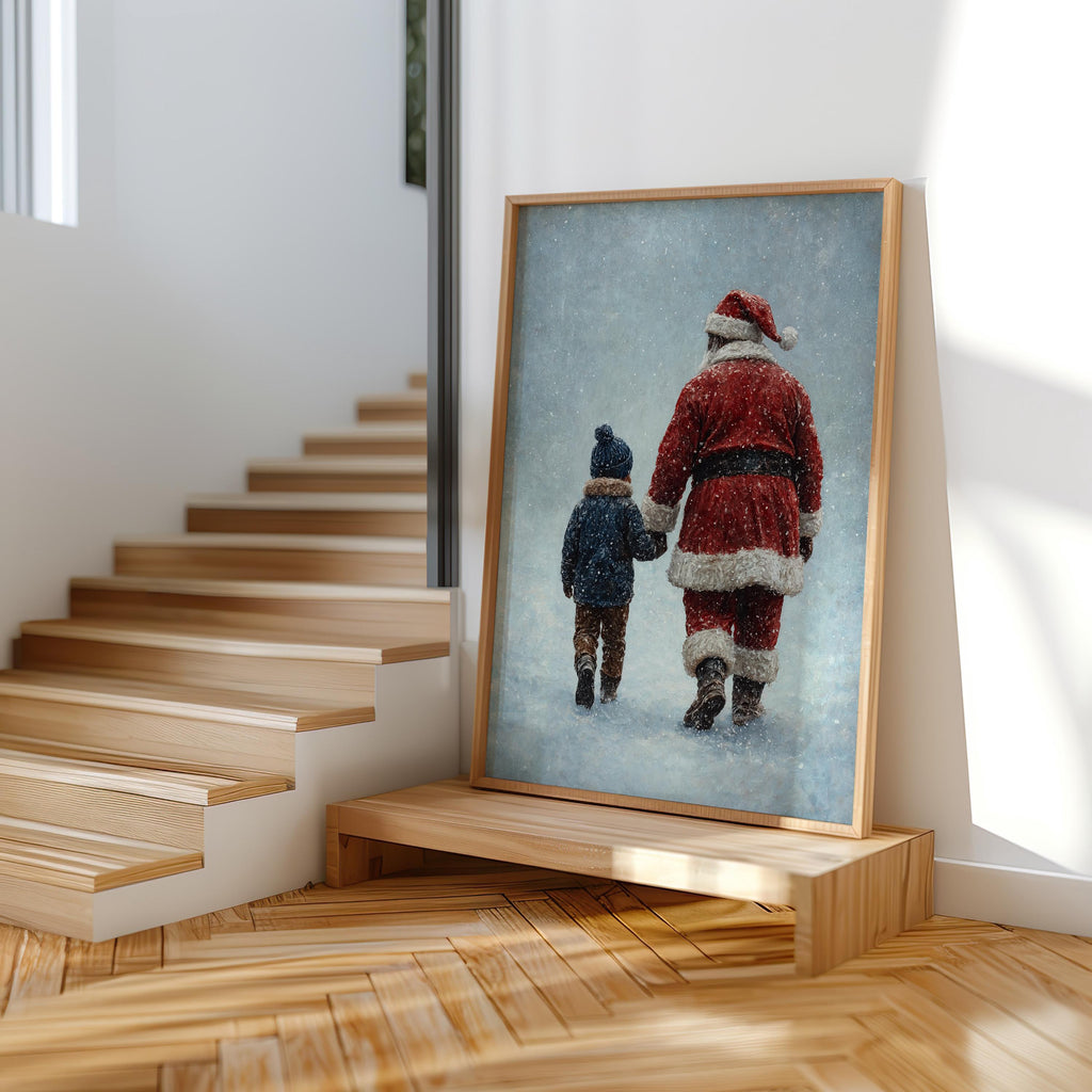Black Santa & Boy Print, African American Christmas Illustration, Father Son Holiday Art, Afrocentric Winter Decor, Xmas Painting