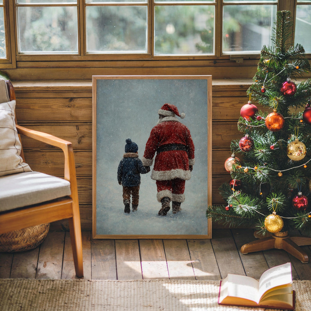 Black Santa & Boy Print, African American Christmas Illustration, Father Son Holiday Art, Afrocentric Winter Decor, Xmas Painting