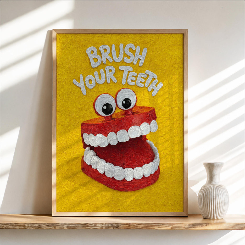 Brush Your Teeth Poster, Funny Kids Bathroom Wall Art, Retro Toothbrush Illustration, Playful Dental Decor, Quirky Dentist Gift