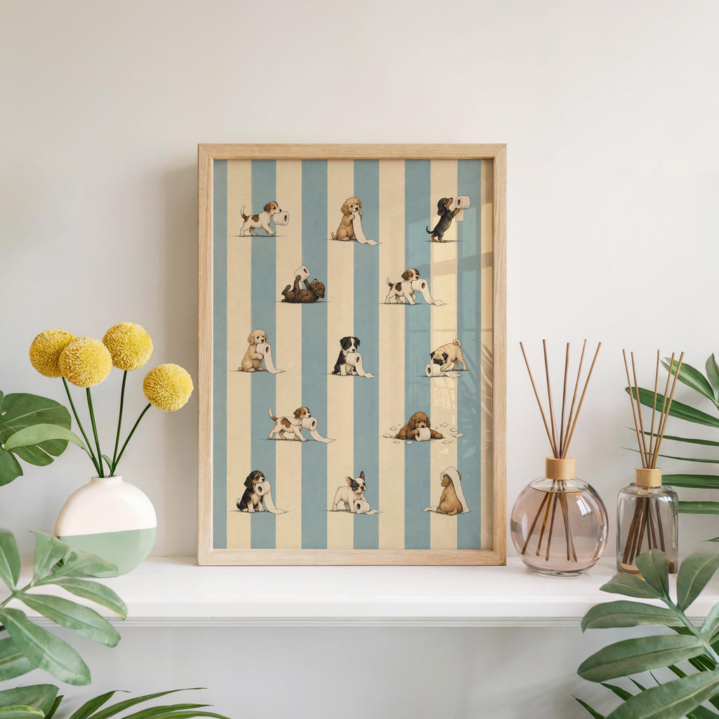 Print on a sunny windowsill with yellow flowers, vintage puppy illustration and blue stripes, funny dog bathroom wall art
