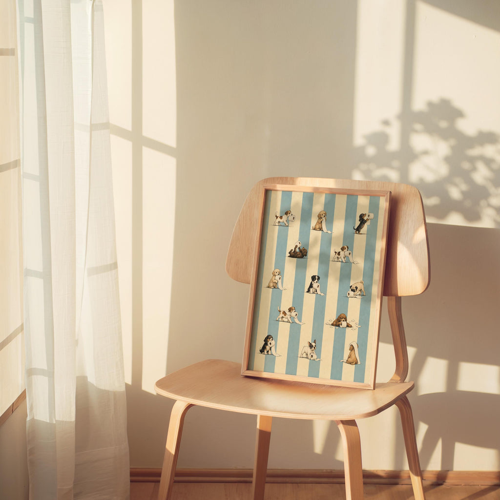 Framed print draped on a chair in soft sunlight, powder room wall art vibe with vintage puppy illustration, funny dog bathroom wall art