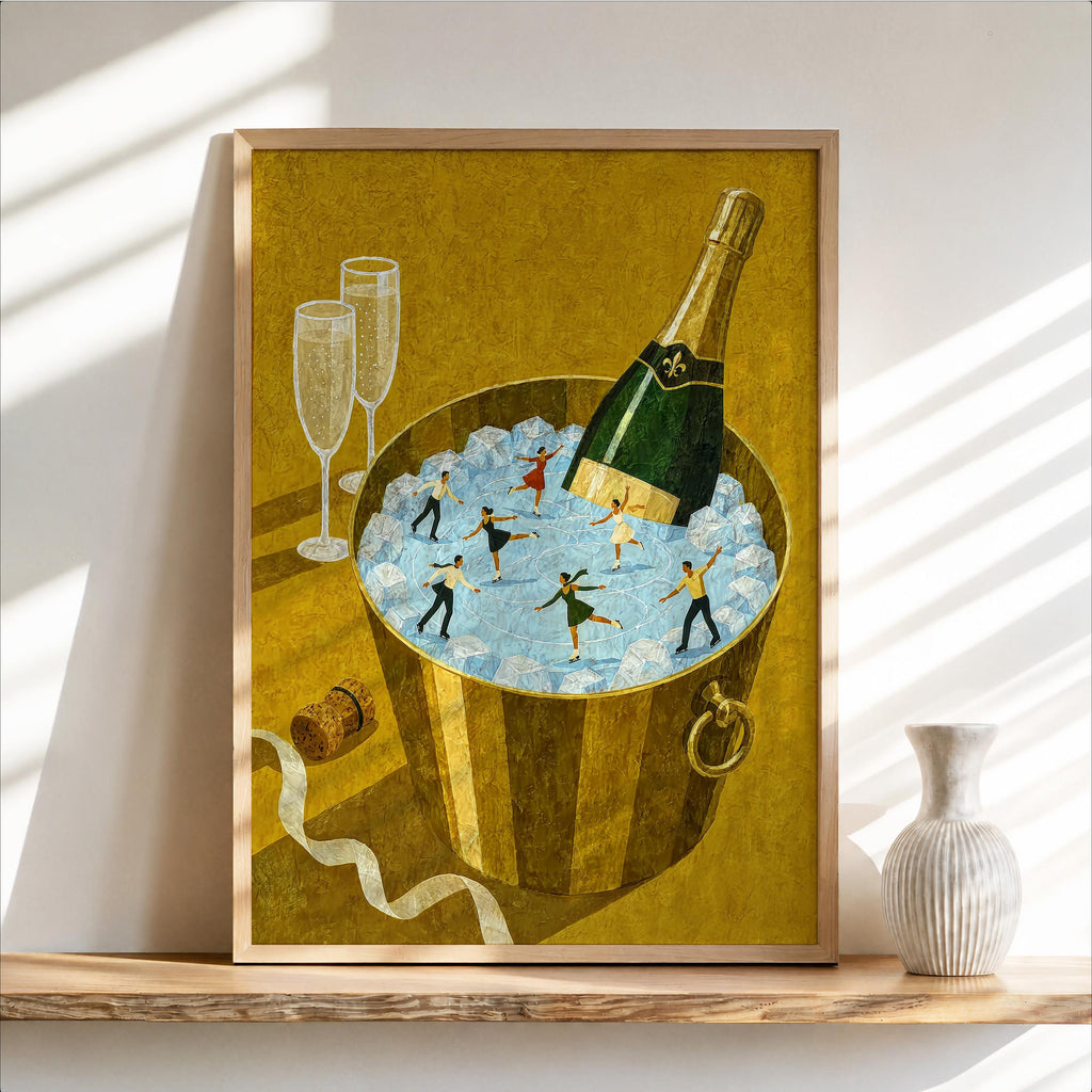 Champagne Ice Skaters Print, Winter Tiny People Wall Art Set, Figure Skating Illustration, Festive Holiday Decor, Whimsical Miniature Poster