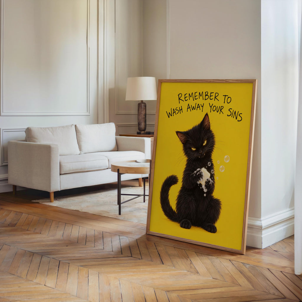 Funny Black Cat Bathroom Print, Remember to Wash Away Your Sins Wall Art, Quirky Restroom Quote Poster, Yellow Animal Loo Sign Decor