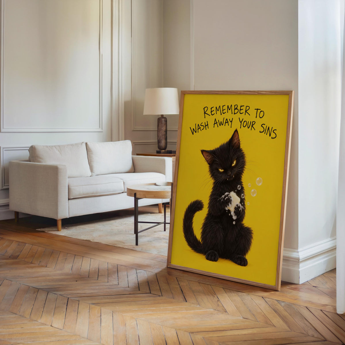 Funny Black Cat Bathroom Print, Remember to Wash Away Your Sins Wall Art, Quirky Restroom Quote Poster, Yellow Animal Loo Sign Decor