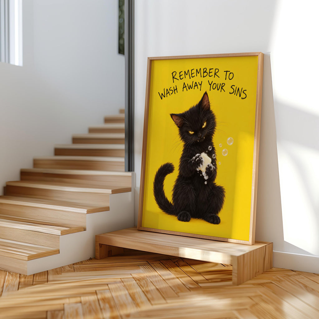 Funny Black Cat Bathroom Print, Remember to Wash Away Your Sins Wall Art, Quirky Restroom Quote Poster, Yellow Animal Loo Sign Decor