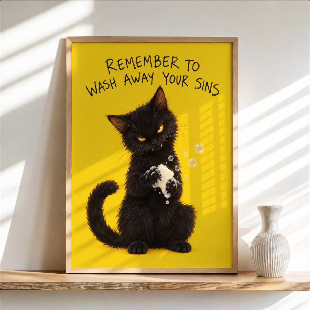 Funny Black Cat Bathroom Print, Remember to Wash Away Your Sins Wall Art, Quirky Restroom Quote Poster, Yellow Animal Loo Sign Decor