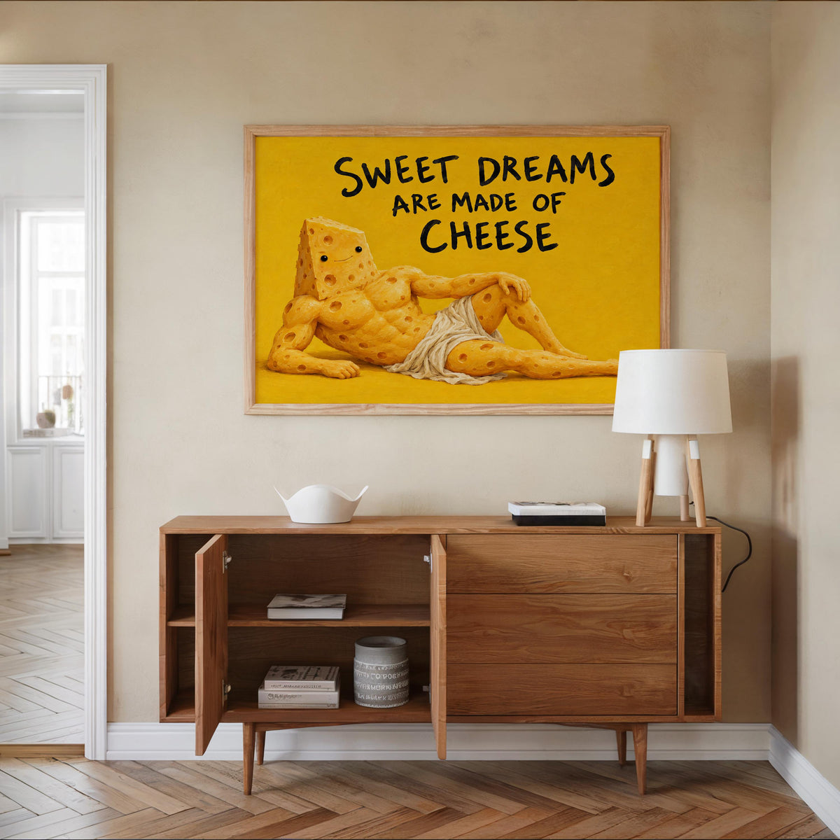 Sweet Dreams Are Made of Cheese Wall Art, Funny Cheese Poster, Food Lover Kitchen Print, Quirky Yellow Dining Decor, Foodie Quote