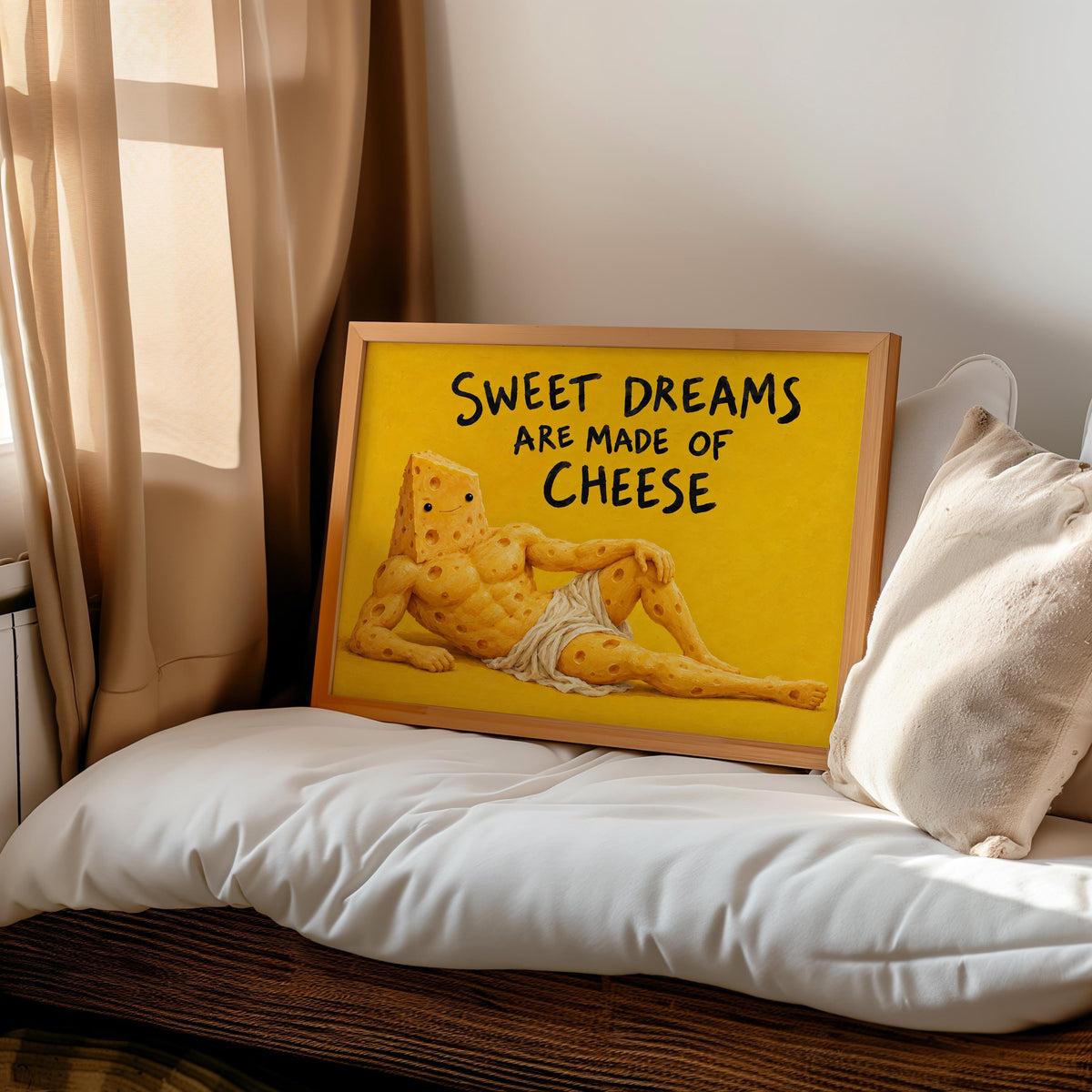 Sweet Dreams Are Made of Cheese Wall Art, Funny Cheese Poster, Food Lover Kitchen Print, Quirky Yellow Dining Decor, Foodie Quote