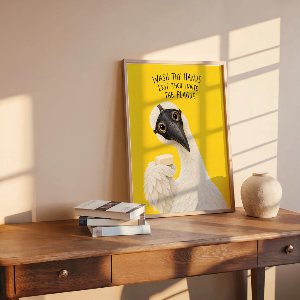 Wash Thy Hands Lest Thou Invite the Plague Goose Doctor Wall Art, Funny Bathroom Decor, Quirky Restroom Poster, Silly Duck Wash Hands Print