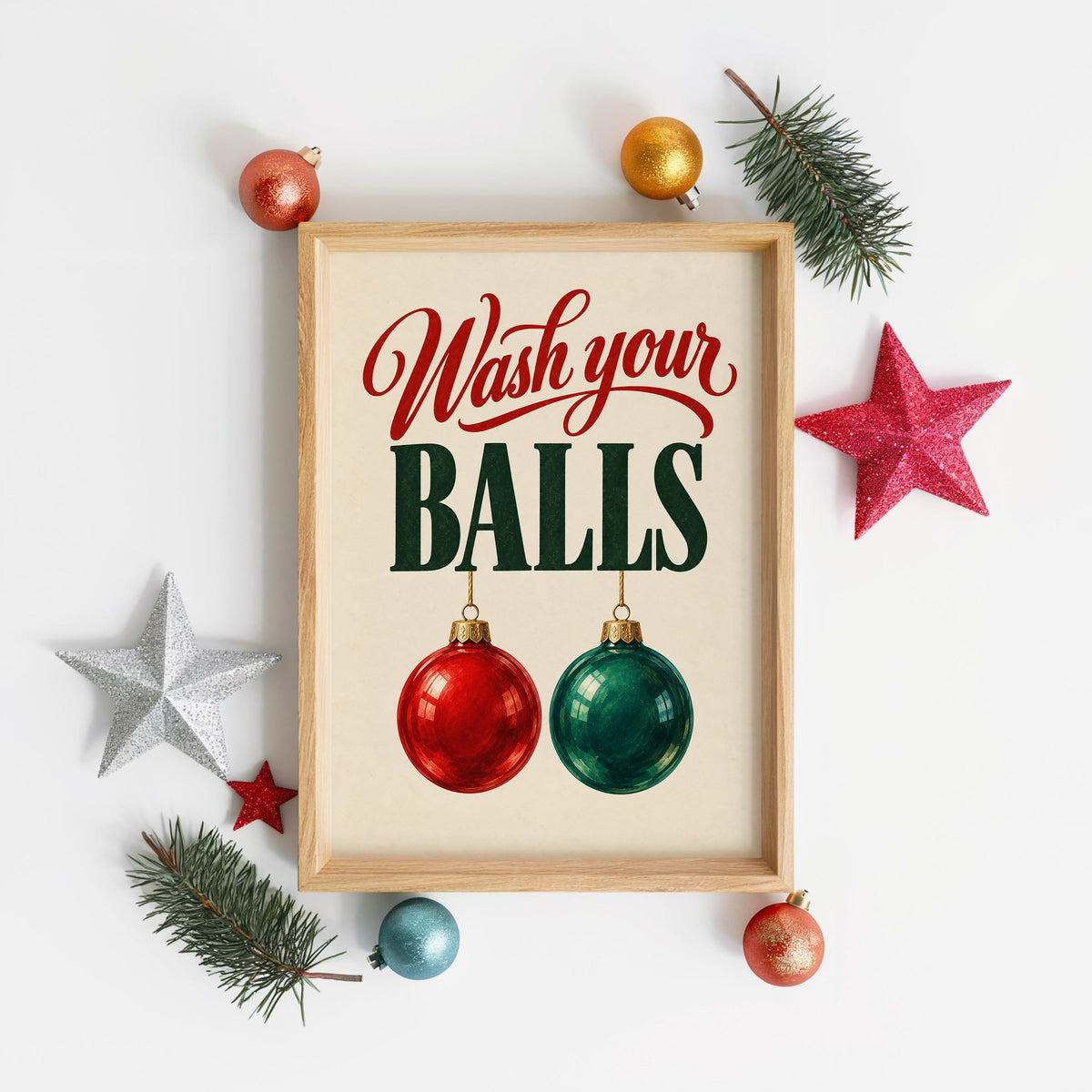 Wash Your Balls Funny Christmas Bathroom Wall Art, Quirky Holiday Restroom Poster, Retro Ornament Print, Cheeky Xmas Toilet Decor