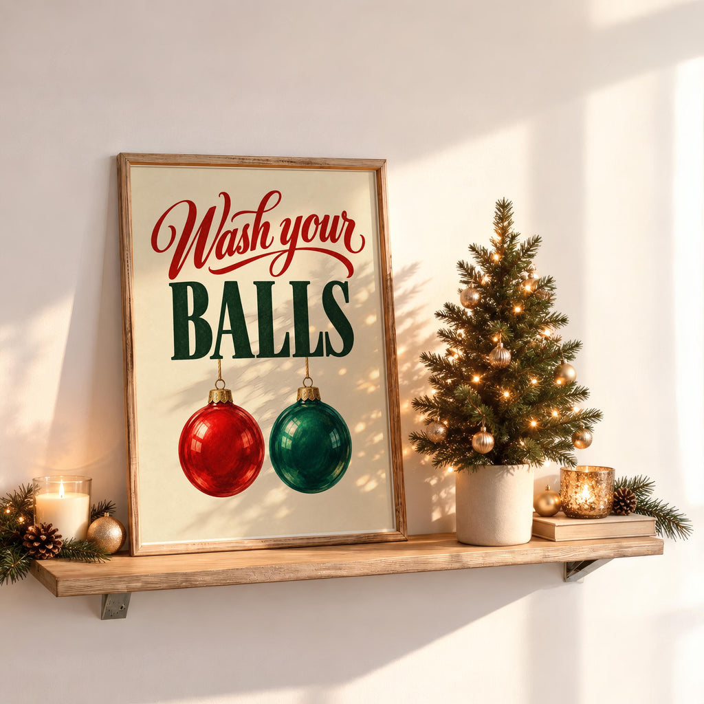 Wash Your Balls Funny Christmas Bathroom Wall Art, Quirky Holiday Restroom Poster, Retro Ornament Print, Cheeky Xmas Toilet Decor