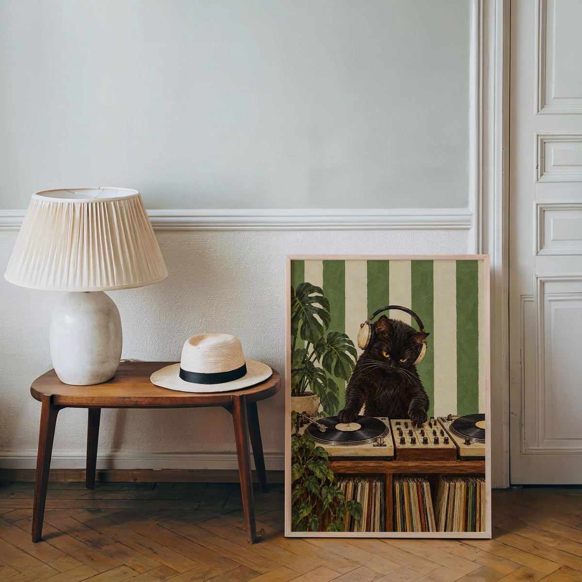 DJ Cat Print, Record Player Turntable Wall Art, Funny Music Room Black Cat Poster, Vinyl Lover Gift, Striped Decor