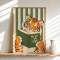 Go Get Em Tiger Reading Book Print, Funny Bookish Literary Wall Art, Bibliophile Poster, Funny Cat Stripes Decor