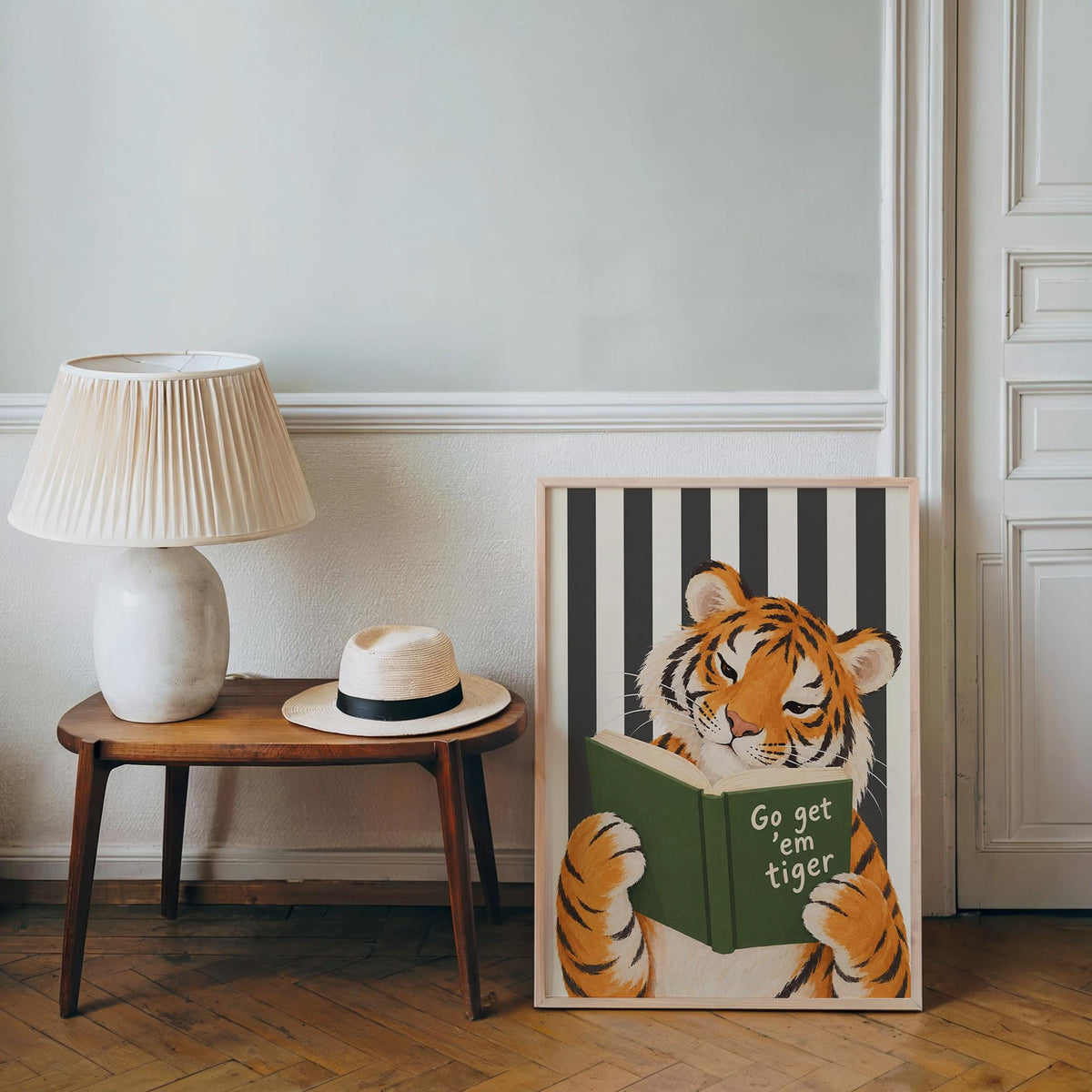 Go Get Em Tiger Reading Book Print, Funny Bookish Literary Wall Art, Bibliophile Poster, Funny Cat Stripes Decor