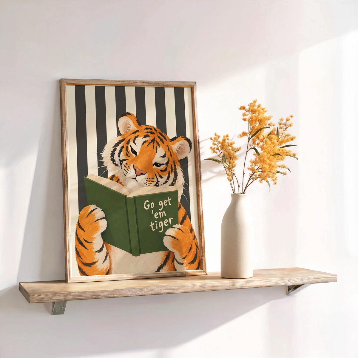 Go Get Em Tiger Reading Book Print, Funny Bookish Literary Wall Art, Bibliophile Poster, Funny Cat Stripes Decor