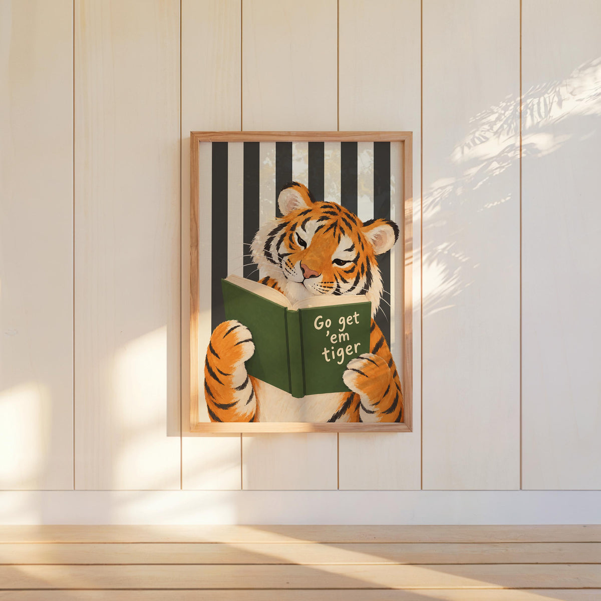 Go Get Em Tiger Reading Book Print, Funny Bookish Literary Wall Art, Bibliophile Poster, Funny Cat Stripes Decor
