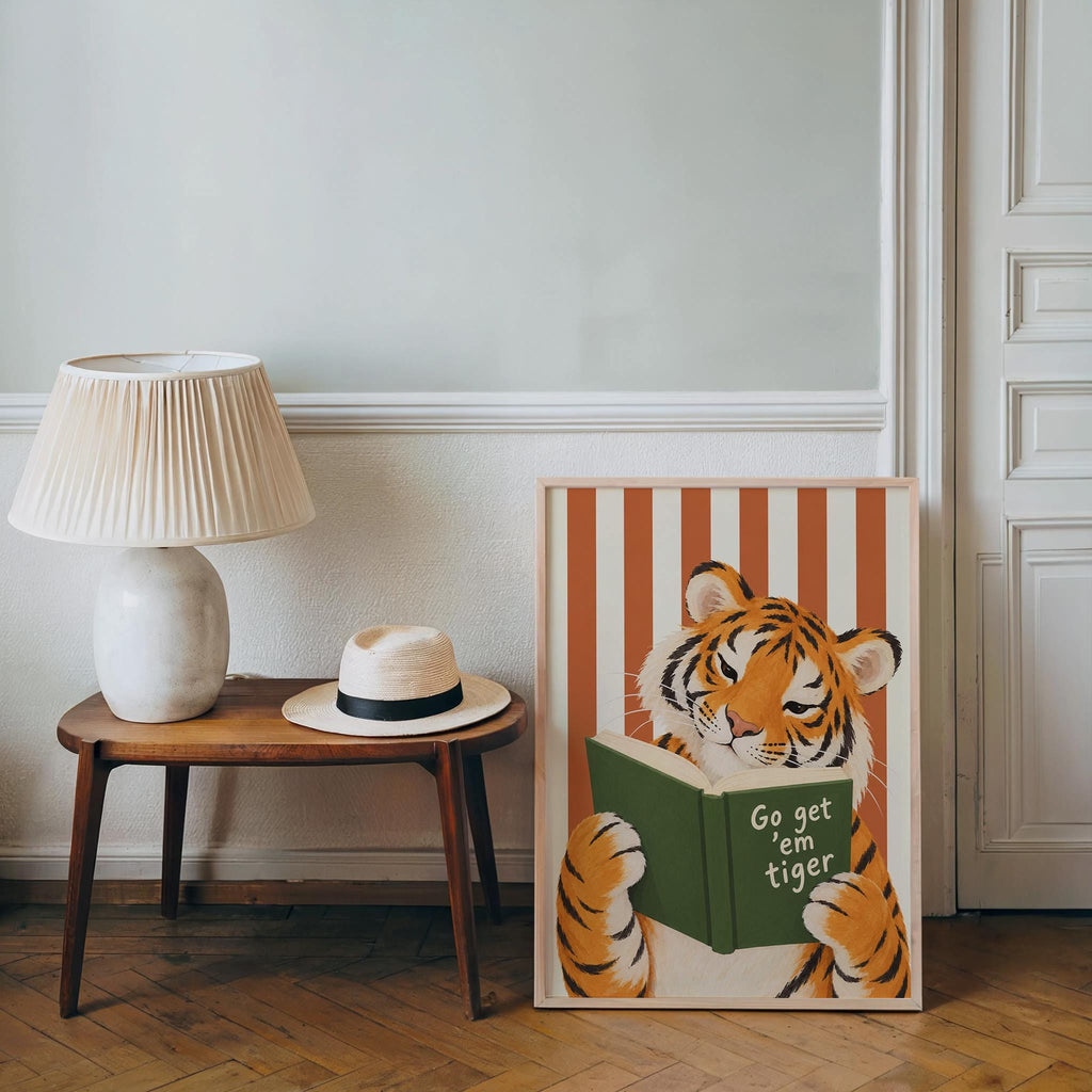 Go Get Em Tiger Reading Book Print, Funny Bookish Literary Wall Art, Bibliophile Poster, Funny Cat Stripes Decor