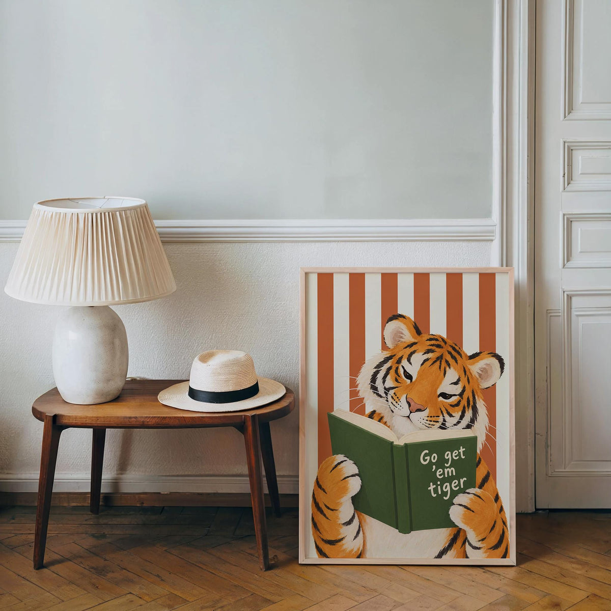 Go Get Em Tiger Reading Book Print, Funny Bookish Literary Wall Art, Bibliophile Poster, Funny Cat Stripes Decor