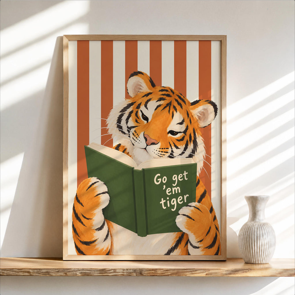 Go Get Em Tiger Reading Book Print, Funny Bookish Literary Wall Art, Bibliophile Poster, Funny Cat Stripes Decor