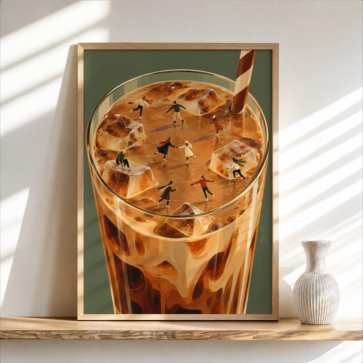 Ice Skaters Iced Coffee Print, Tiny People Miniature Wall Art, Winter Skating Poster, Surreal Coffee Nook Decor, Whimsical Kitchen Christmas