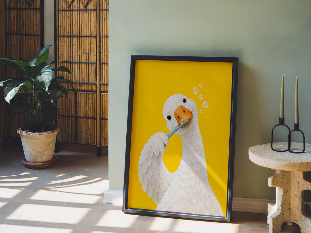 Silly Goose Brushing Teeth Print, Toothbrush Duck Wall Art, Funny Bathroom Poster, Animal Bath Decor, Fun Kids Decor, Nursery Illustration