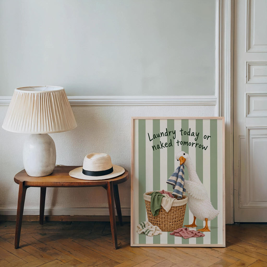 Silly Goose 'Laundry Today or Naked Tomorrow' Print, Funny Laundry Room Wall Art, Retro Quote Poster, Quirky Duck Bathroom Decor