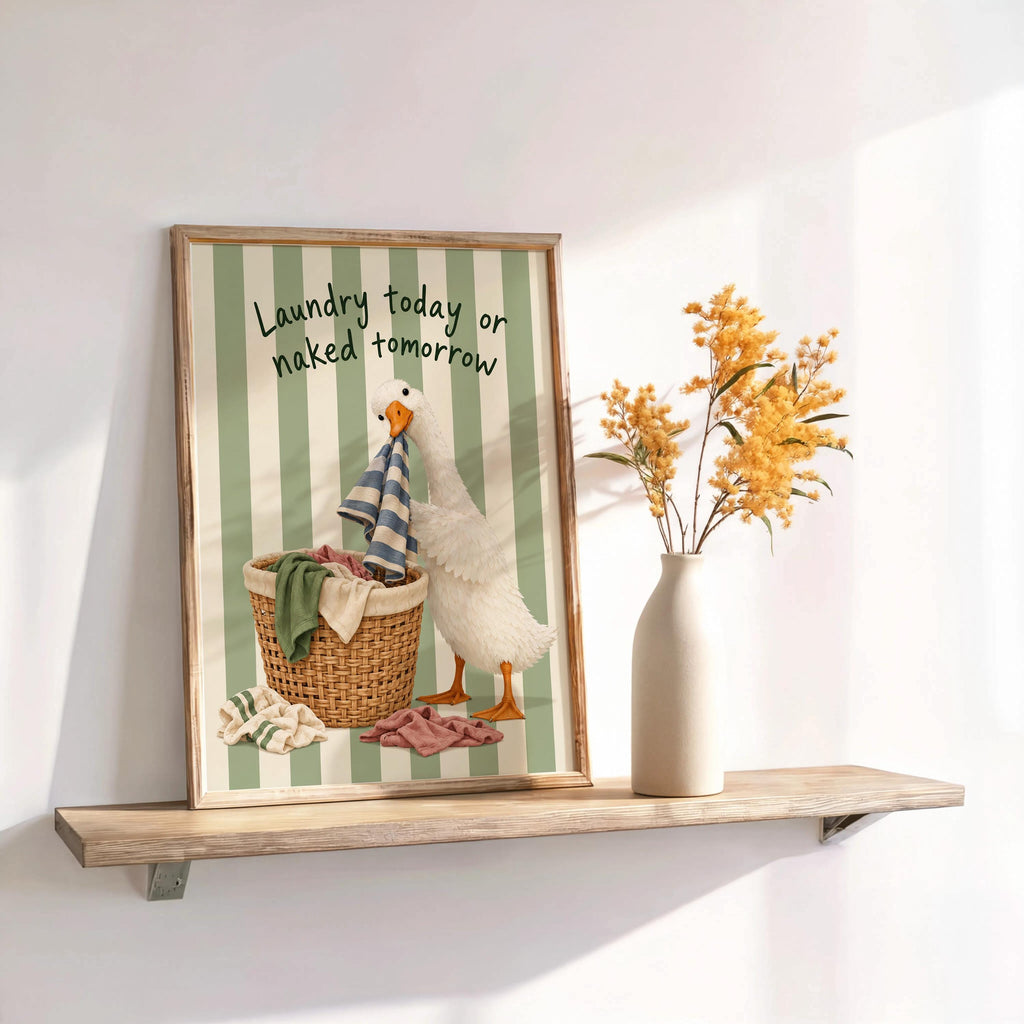 Silly Goose 'Laundry Today or Naked Tomorrow' Print, Funny Laundry Room Wall Art, Retro Quote Poster, Quirky Duck Bathroom Decor