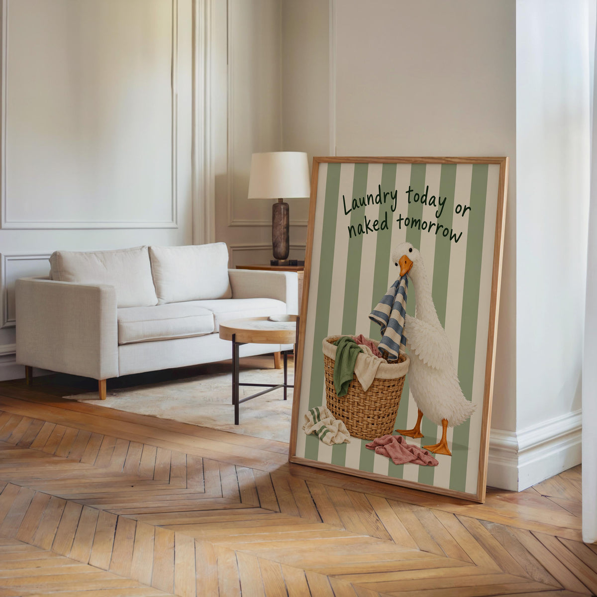 Silly Goose 'Laundry Today or Naked Tomorrow' Print, Funny Laundry Room Wall Art, Retro Quote Poster, Quirky Duck Bathroom Decor
