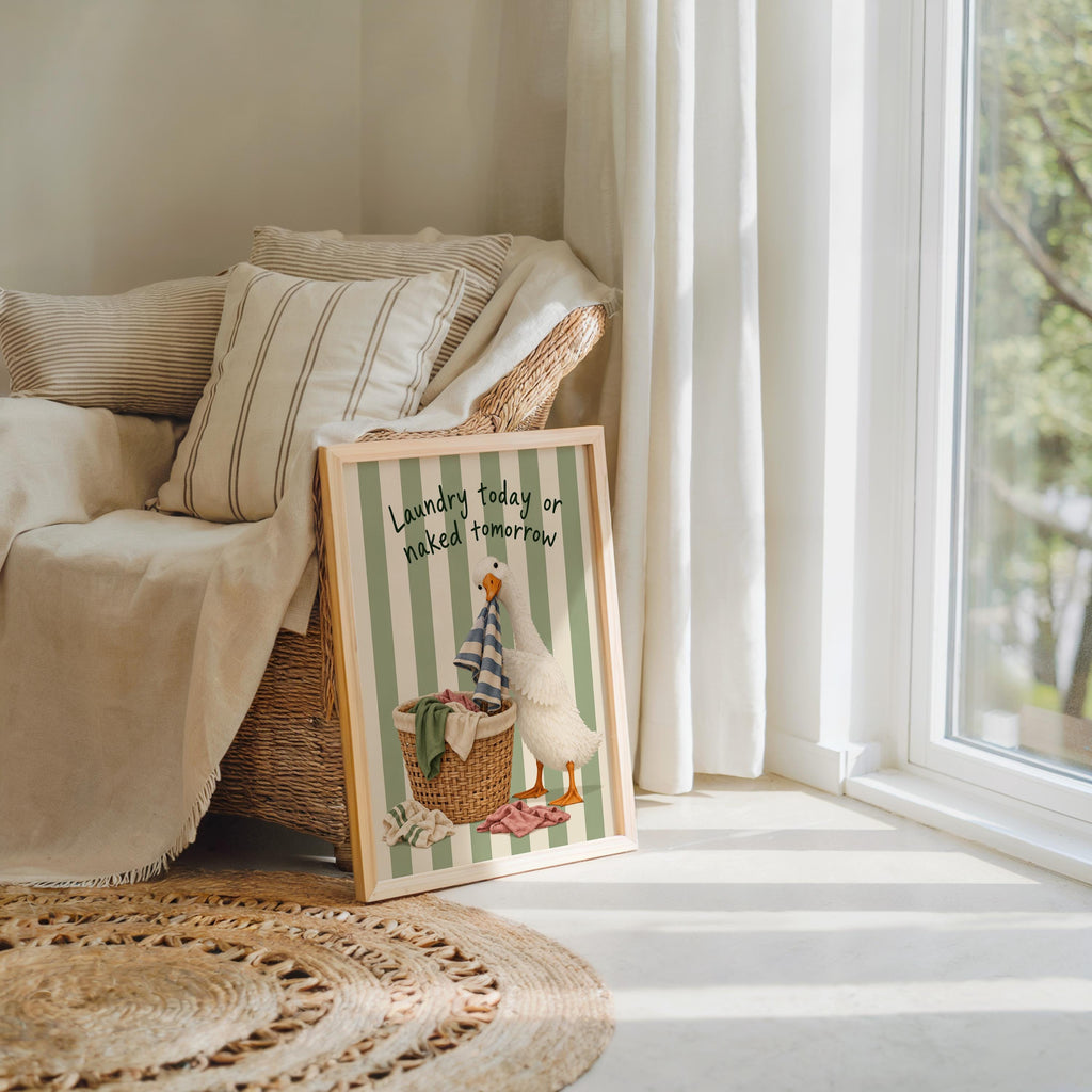 Silly Goose 'Laundry Today or Naked Tomorrow' Print, Funny Laundry Room Wall Art, Retro Quote Poster, Quirky Duck Bathroom Decor
