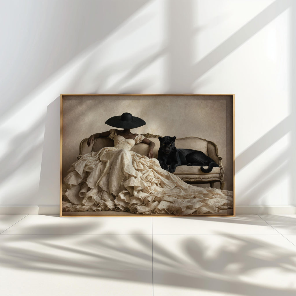 Black Woman & Black Panther Print, Fashion Couture Wall Poster, Surreal Afrocentric Portrait, Vintage Leopard Decor, Luxury Fine Art
