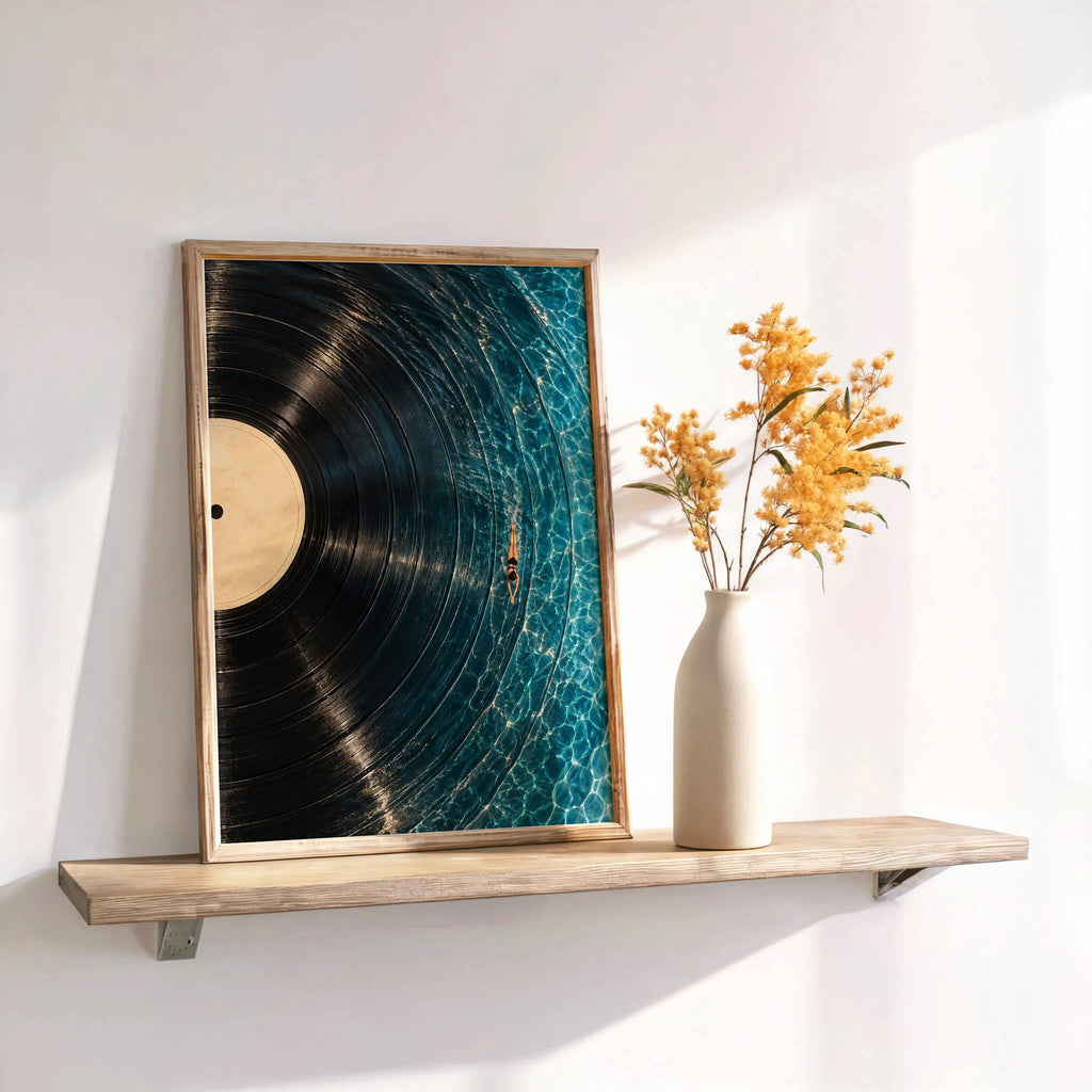 Framed vinyl record wall art leaning on floating shelf, sunlight stripes across deep blue grooves, vase beside