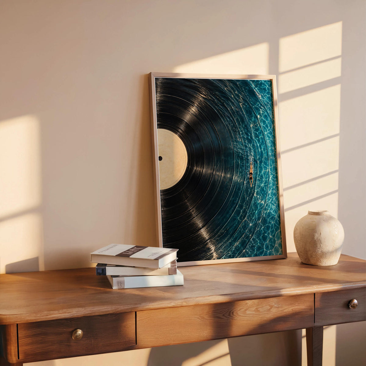 Framed vinyl record wall art on a wooden desk with stacked books and pottery, music lover wall art styled