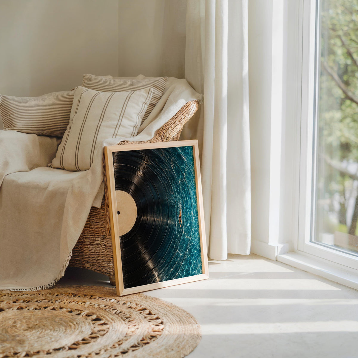 Two vinyl record wall art prints stacked by a cozy armchair and woven rug, swimmer art print duo styled