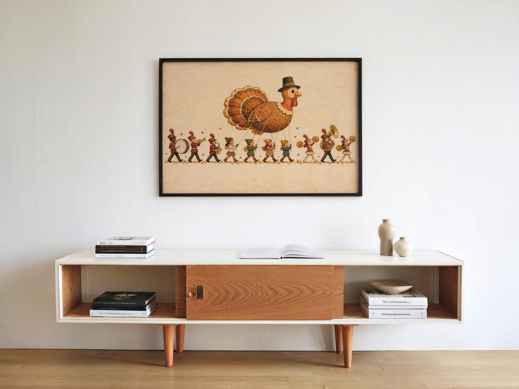 Thanksgiving Turkey Kids Parade Wall Art, Whimsical NYC Marching Band Autumn Poster, Vintage Fall Holiday Print